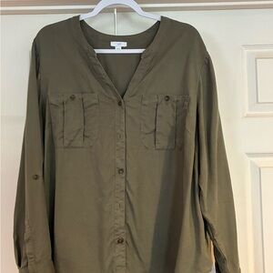 J. Jill Overdyed Button-Front Lichen Green V-Neck Blouse